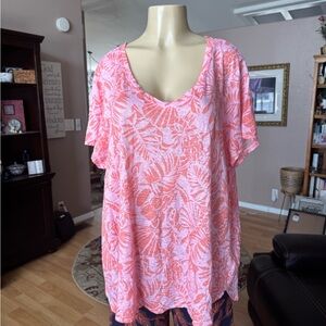 Nicole Miller shades of orange & pink short sleeve Vneck LINEN blouse-size XXL